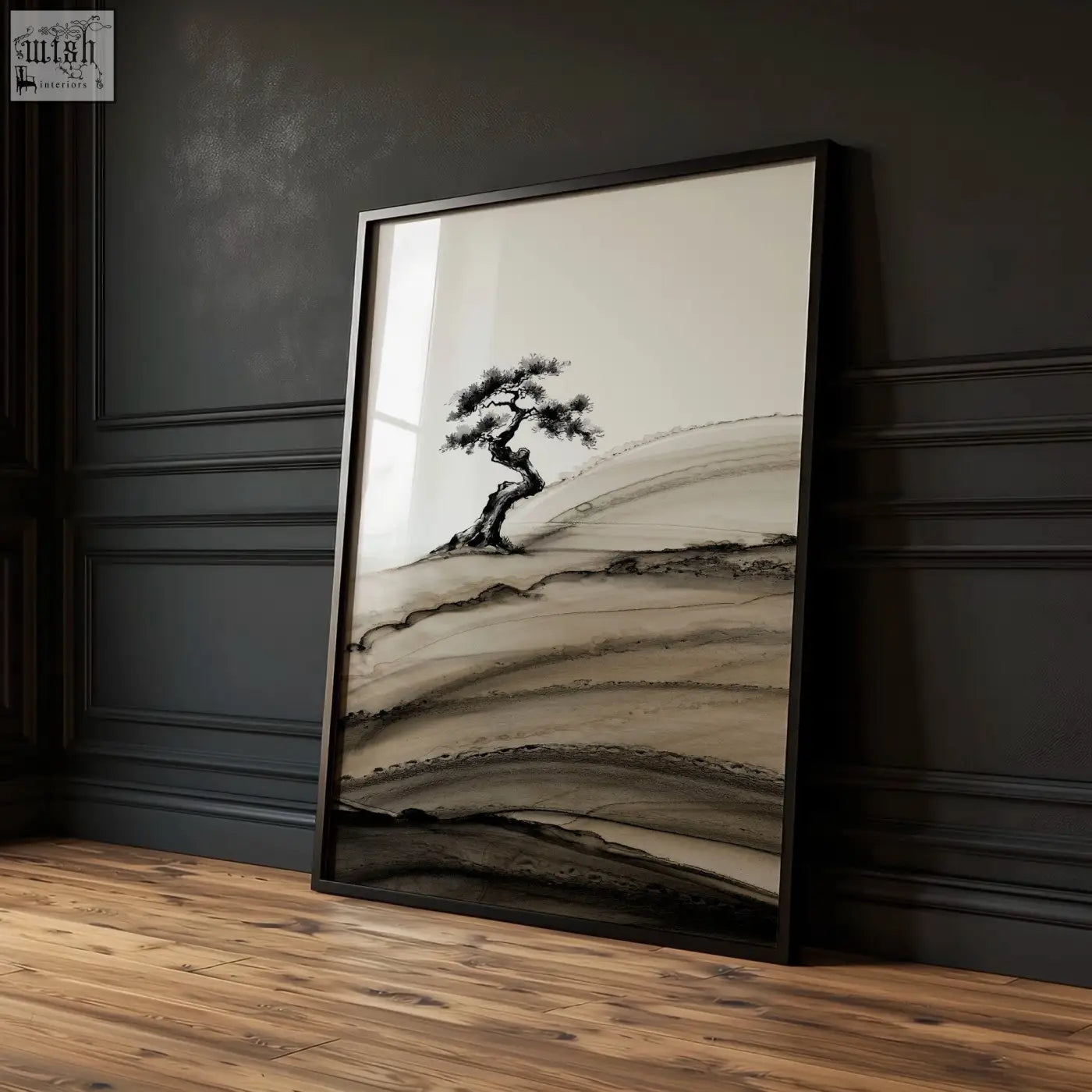 Framed asian wall art featuring minimalist black-framed landscape with solitary pine tree and ink-wash hills set of 3