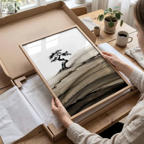 Framed asian wall art set of 3 featuring minimalist wooden frames with black ink bonsai pine trees on beige gray hills