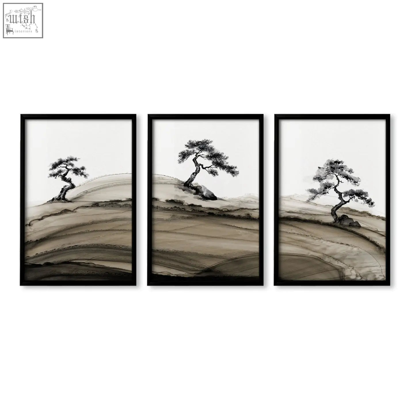 Set of three framed asian wall art featuring minimalist black ink wash pine trees on rolling hills in monochrome tones