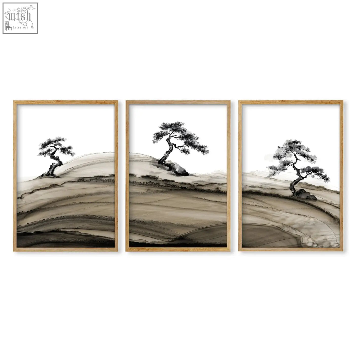 Set of three framed asian wall art featuring minimalist ink-wash bonsai pine trees on earth-toned hills