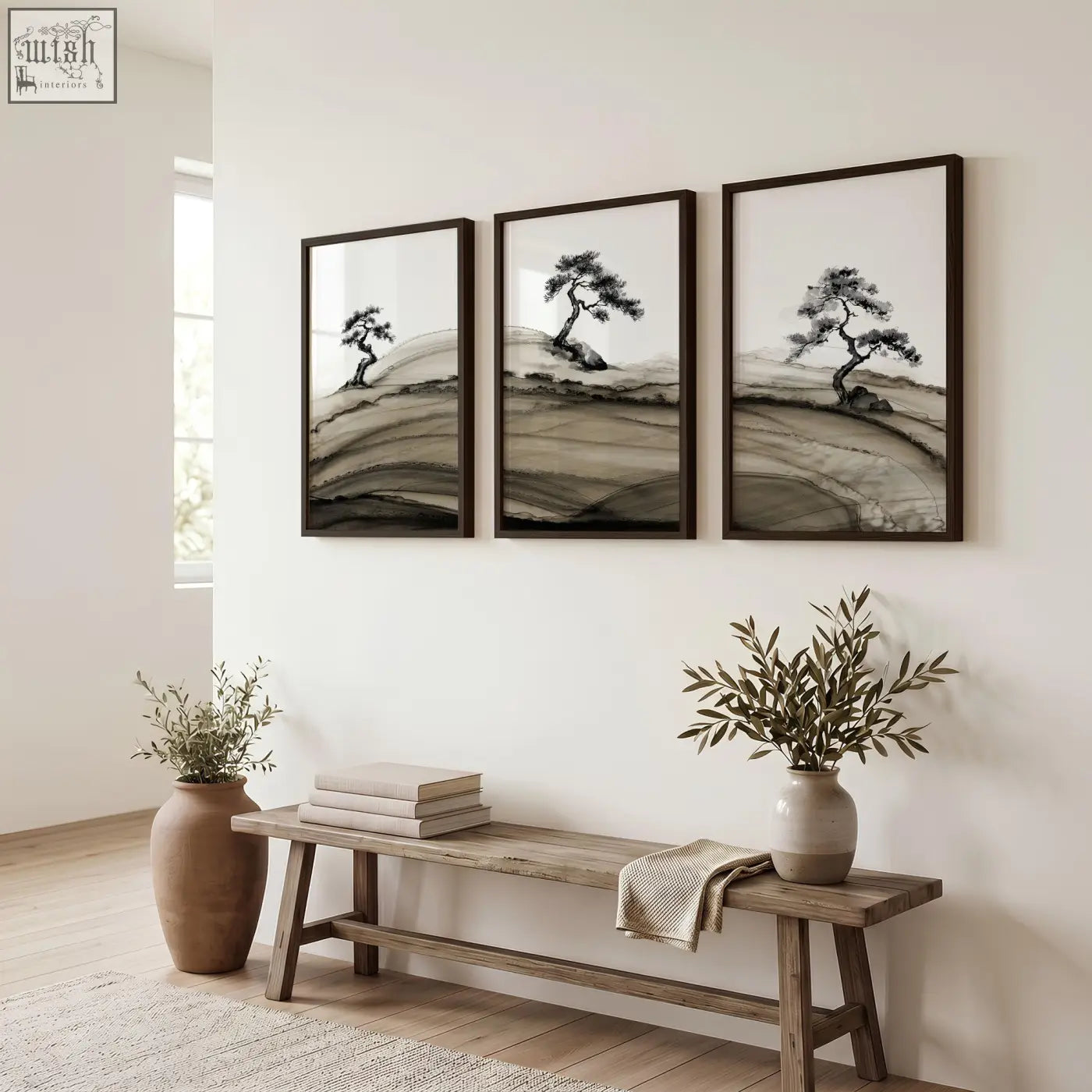 Three framed asian wall art pieces featuring black and white ink wash bonsai pine trees on rolling hills