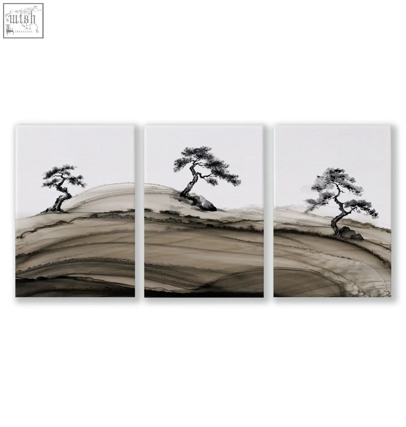 Three-panel framed asian wall art featuring minimalist black ink wash pine trees on rolling hills for stylish decor
