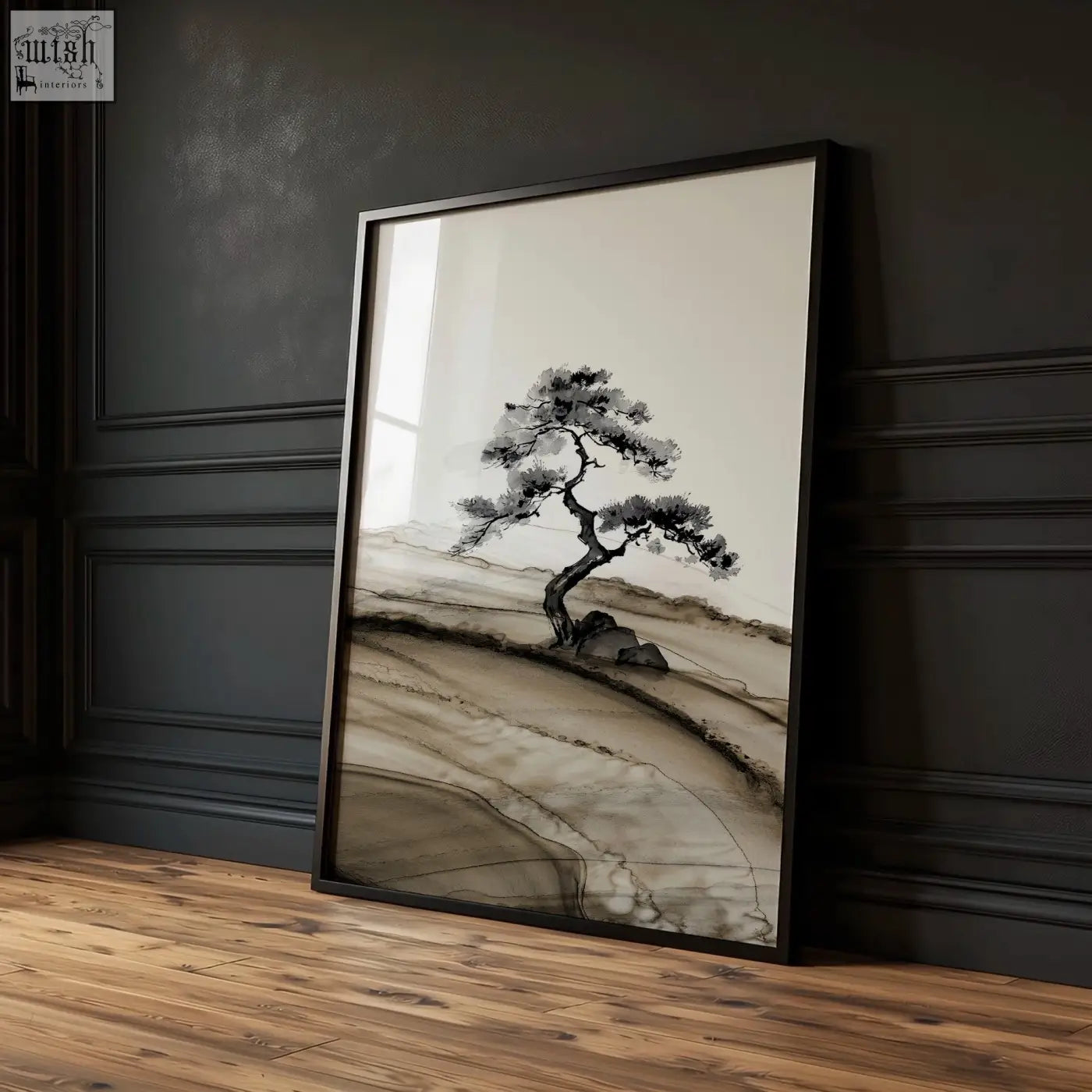 Black-framed asian wall art featuring minimalist ink wash painting of a solitary pine tree on beige gray terrain