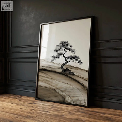 Black-framed asian wall art featuring minimalist ink wash painting of a solitary pine tree on beige gray terrain