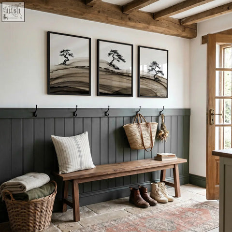 Rustic wooden bench with striped pillow and dark gray paneling under framed asian wall art of bonsai pine trees set of 3