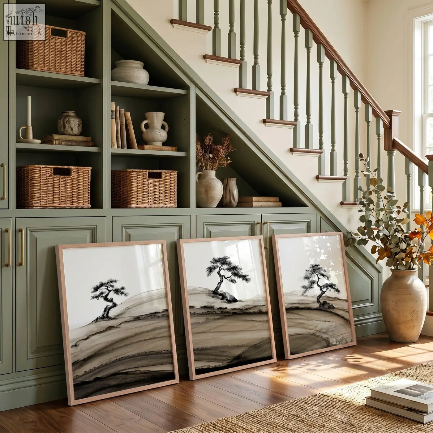 Three framed asian wall art prints featuring minimalist ink-wash bonsai pine trees on textured paper in light wood frames