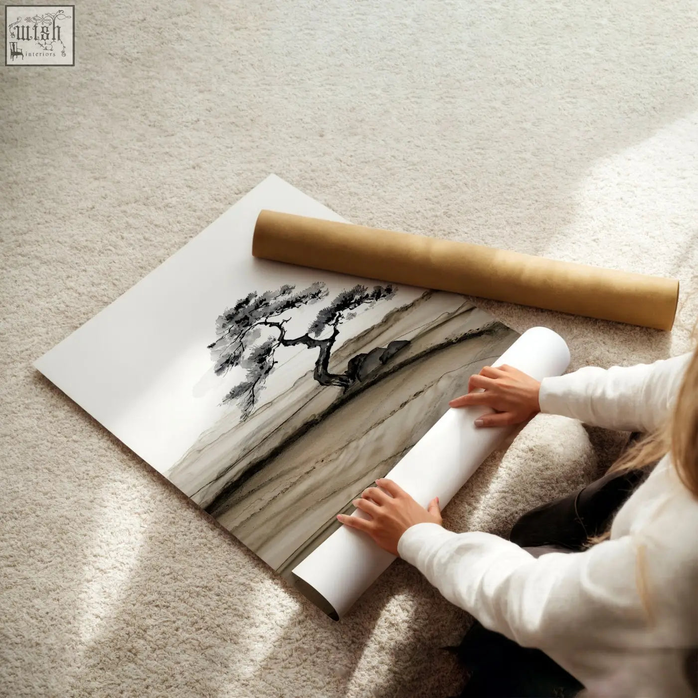 A minimalist black and white ink painting of a pine tree on textured paper with a cardboard tube for asian wall art