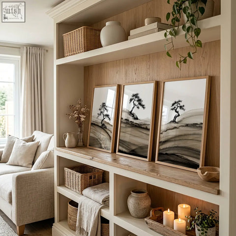 Three framed asian wall art prints of black and white japanese ink bonsai pine trees on rolling hills on a wood shelf