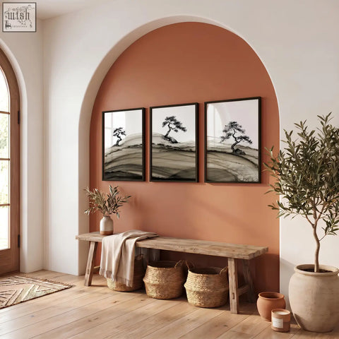 Three framed asian wall art black and white ink wash pine trees above a rustic wooden bench wall art set of 3