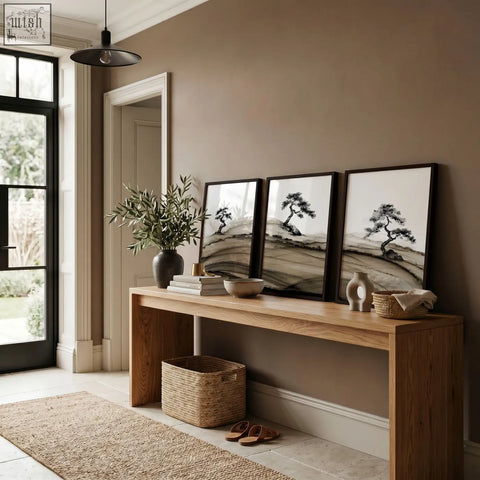 Three framed asian wall art black and white ink wash paintings of bonsai pine trees on rolling hills on wooden table