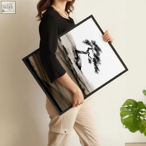 Black-framed asian wall art featuring minimalist ink wash pine trees and abstract hills in a set of 3 pieces