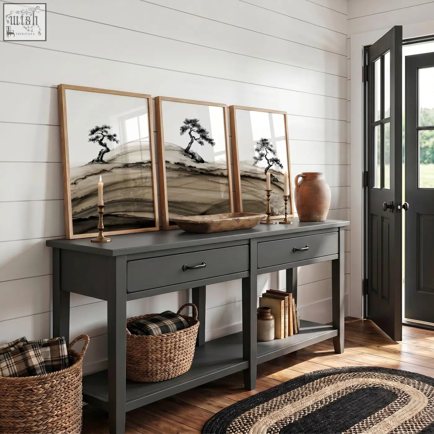 Dark gray console table with two drawers and rustic wooden top paired with framed asian wall art bonsai trees set of 3