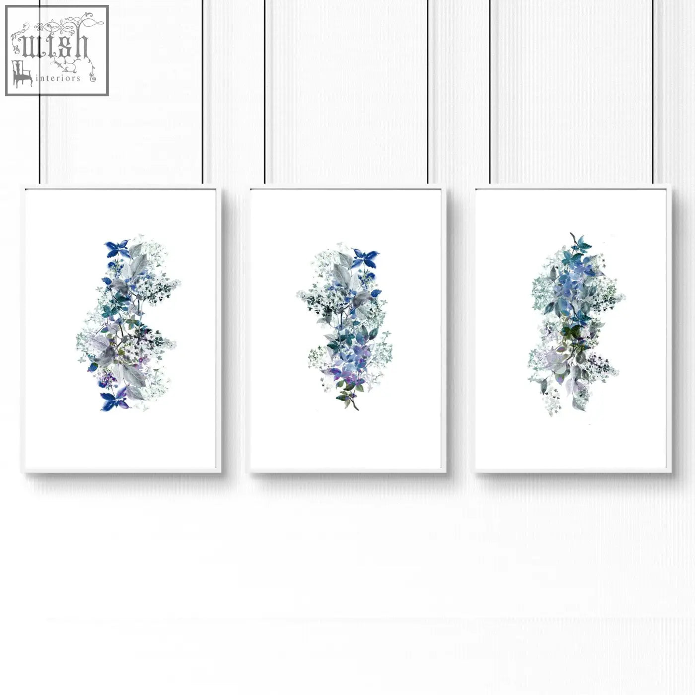 Set of 3 shabby chic framed pictures with delicate blue purple green floral watercolor wall prints for bathroom