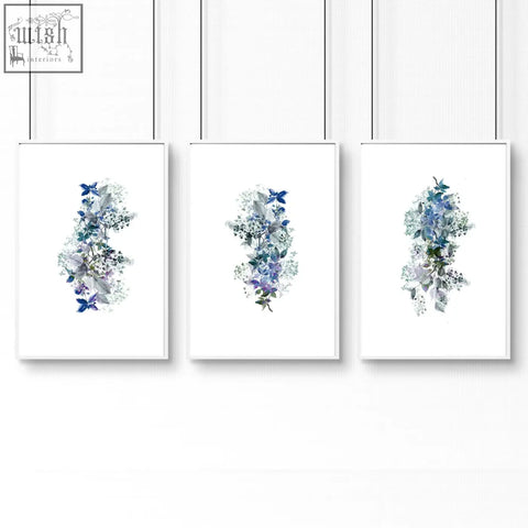Set of 3 shabby chic framed pictures with delicate blue purple green floral watercolor wall prints for bathroom
