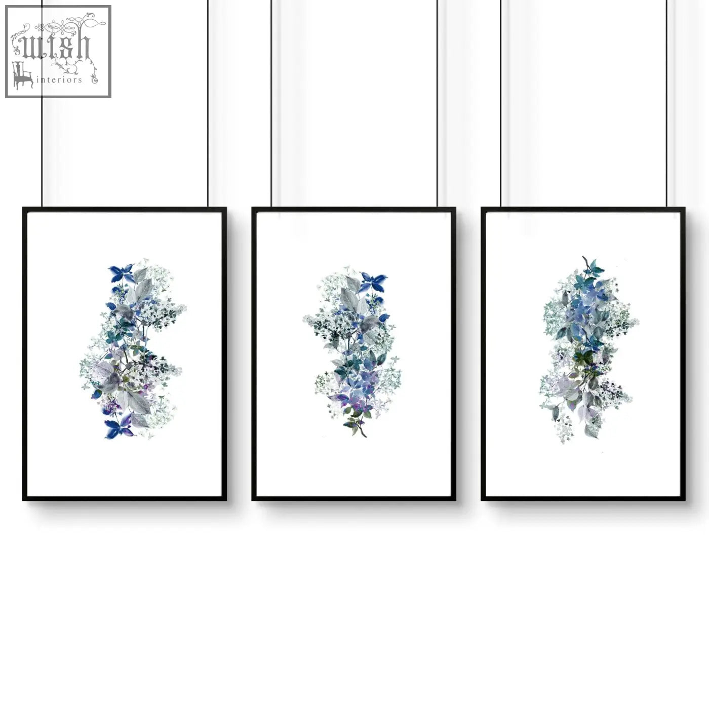 Set of 3 shabby chic framed pictures with black frames and blue purple floral wall prints for bathroom decor