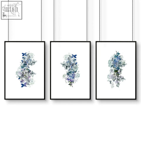 Set of 3 shabby chic framed pictures with black frames and blue purple floral wall prints for bathroom decor