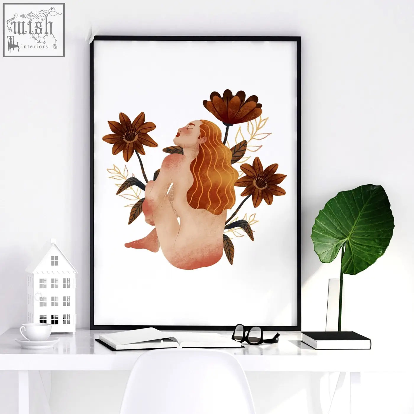 Framed pictures featuring nude figure with orange hair and brown flowers in black frame wall art prints for bathrooms