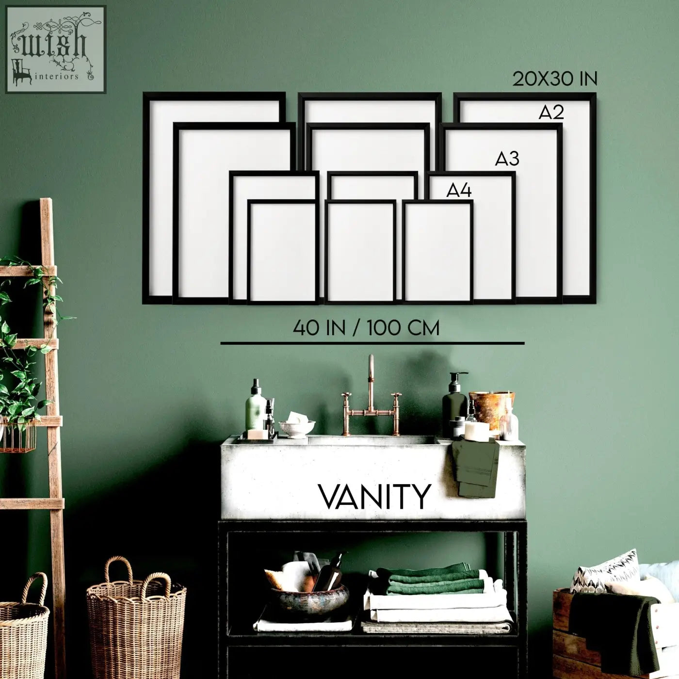 Set of 2 black-framed blank picture frames on green wall perfect for bathroom wall art prints and framed pictures