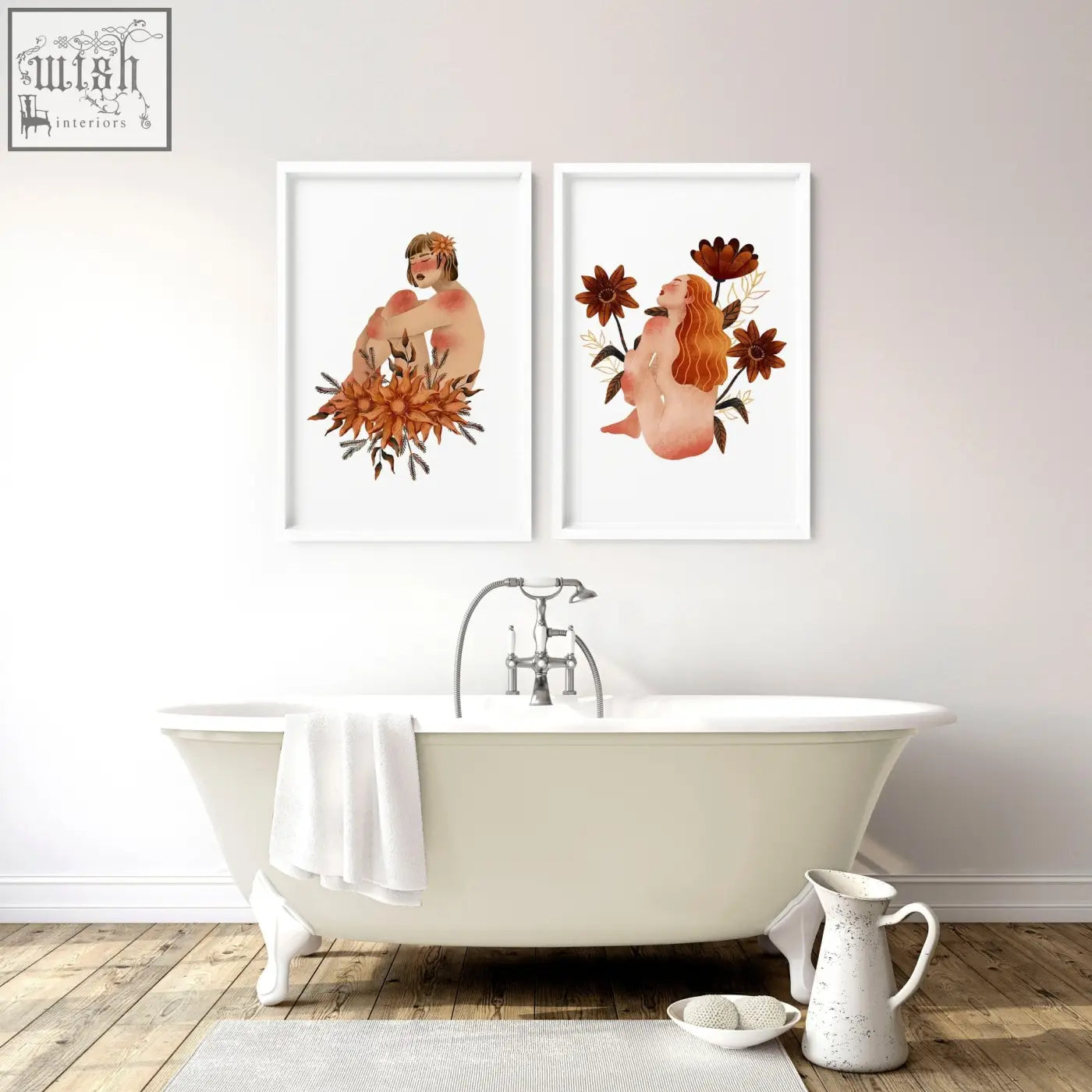 Two framed pictures featuring nude ladies with autumnal florals in white frames for bathroom wall art prints