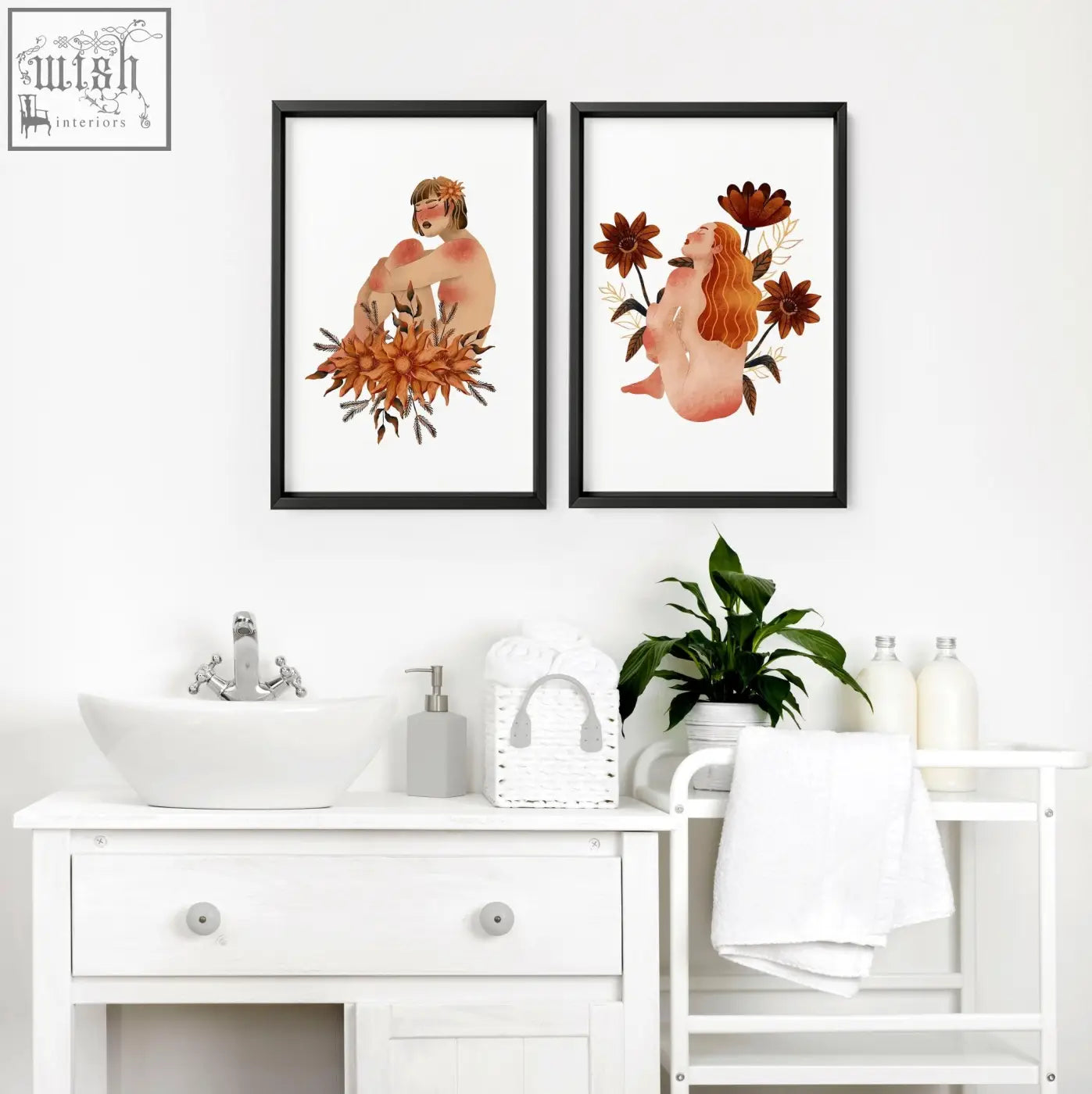 Two framed pictures featuring nude ladies with autumn flowers in sleek black frames perfect for bathroom wall art prints