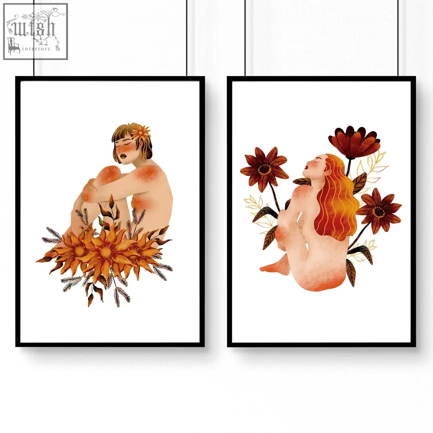 Two framed pictures featuring nude figures with autumnal flowers in warm tones perfect as bathroom wall art prints