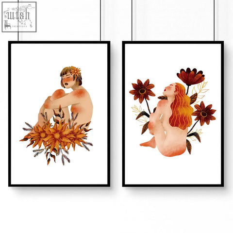 Two framed pictures featuring nude figures with autumnal flowers in warm tones perfect as bathroom wall art prints
