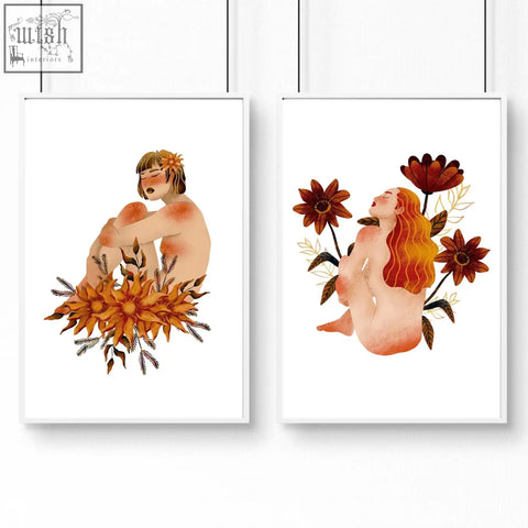 Two framed pictures of nude figures with autumnal flowers in warm orange tones perfect as bathroom wall art prints