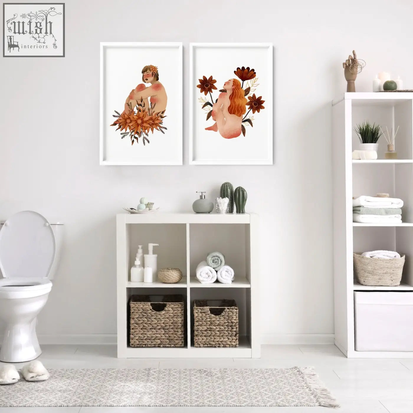 White framed pictures of nude figures with autumnal flowers perfect as wall art prints for bathroom decor set of 2