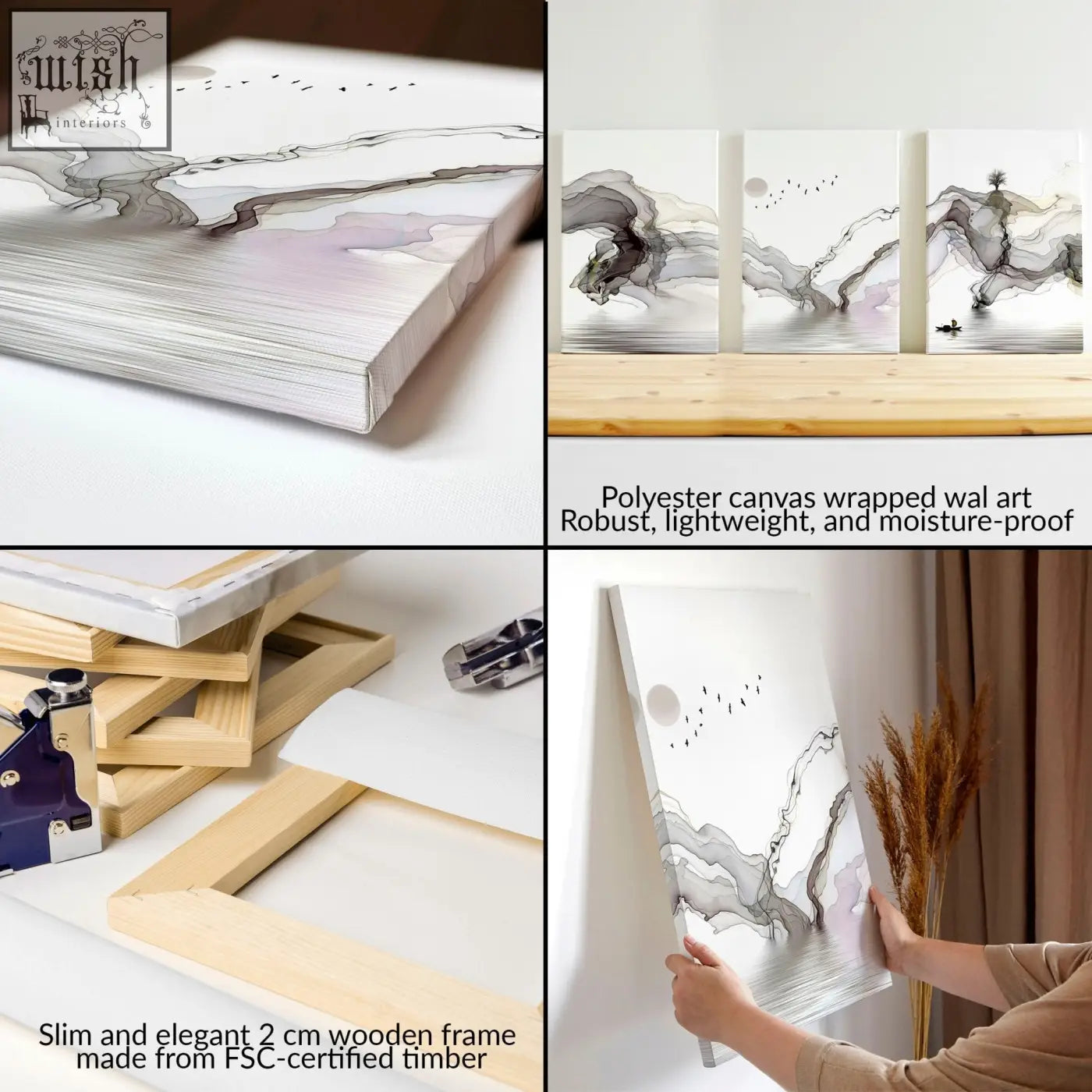 Abstract triptych wall art prints with flowing gray and lavender ink washes framed in slim wooden frames for living room