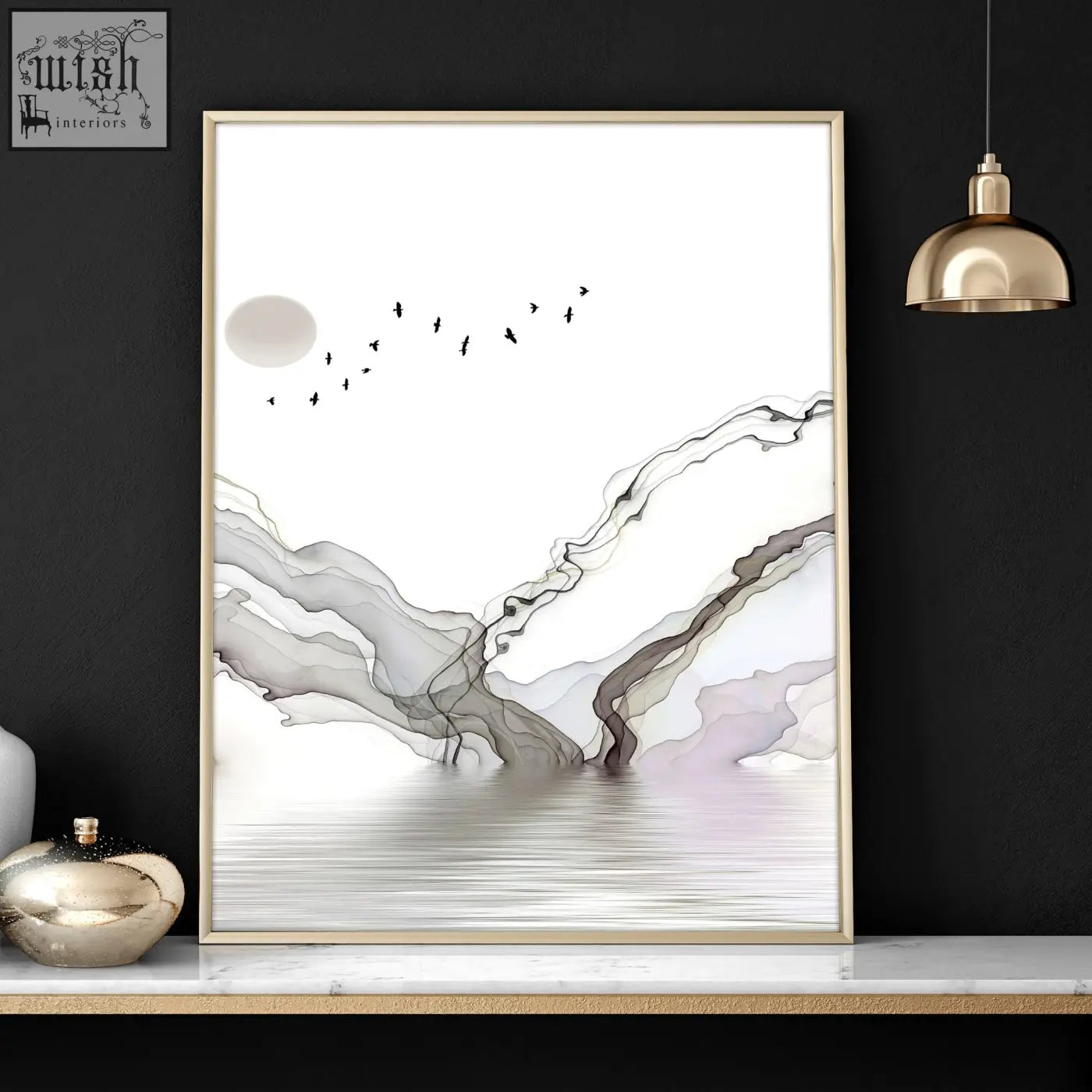 Minimalist abstract wall art print with gray and black ink washes and birds in a slender gold frame for living room framed pictures