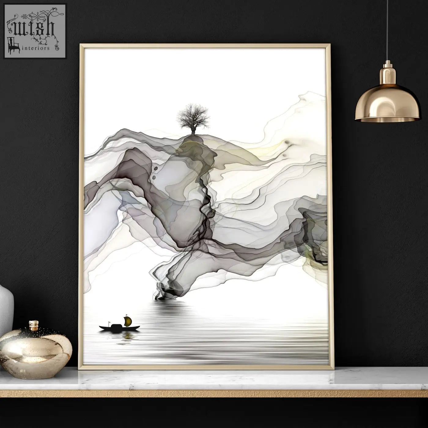 Minimalist abstract landscape framed picture with gray black ink washes in gold frame wall art prints for living room