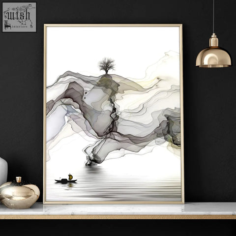 Minimalist abstract landscape framed picture with gray black ink washes in gold frame wall art prints for living room