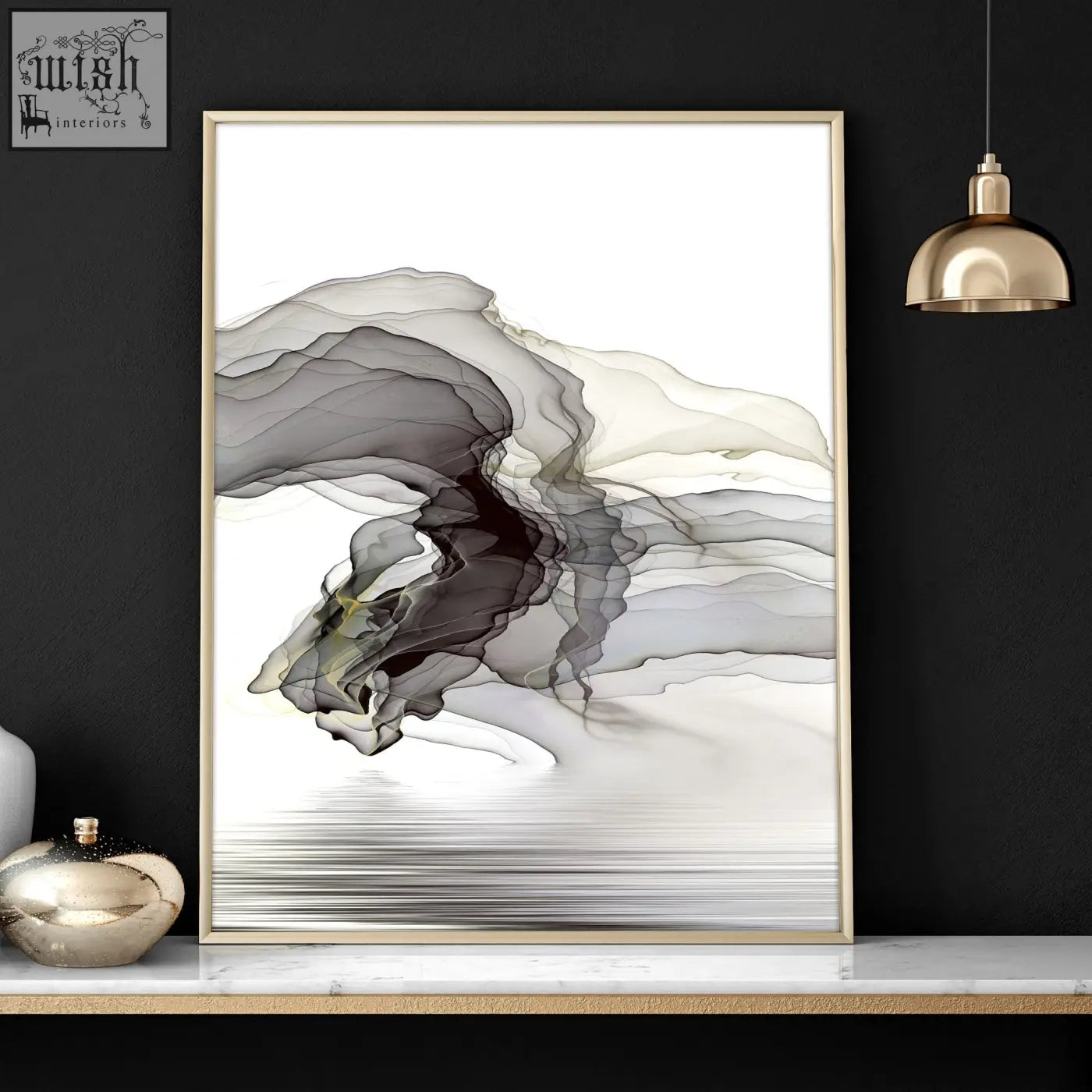 A modern abstract black and gray ink swirl framed picture in gold perfect for living room wall art prints set of 3