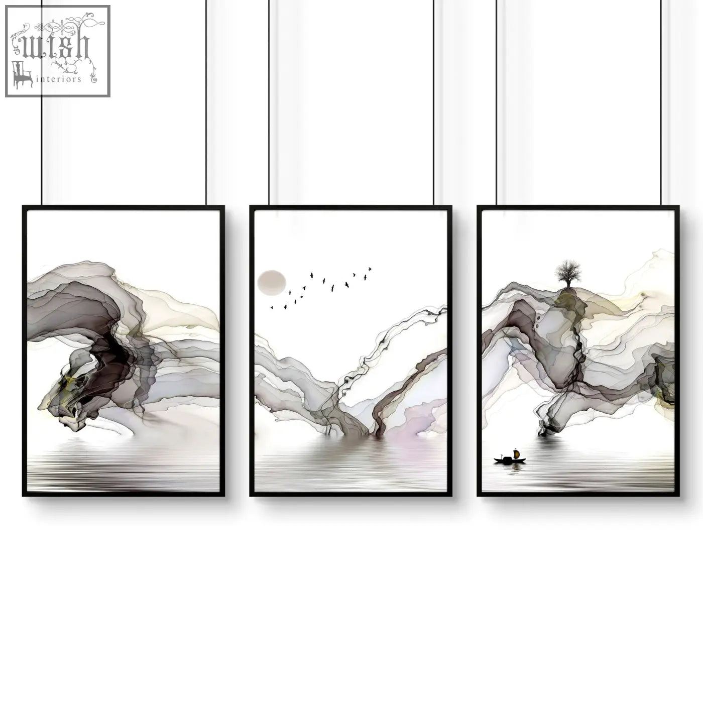 Three-panel minimalist ink wash landscape framed pictures in black for stylish living room wall art prints set of 3