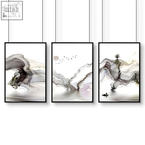 Three-panel minimalist ink wash landscape framed pictures in black for stylish living room wall art prints set of 3