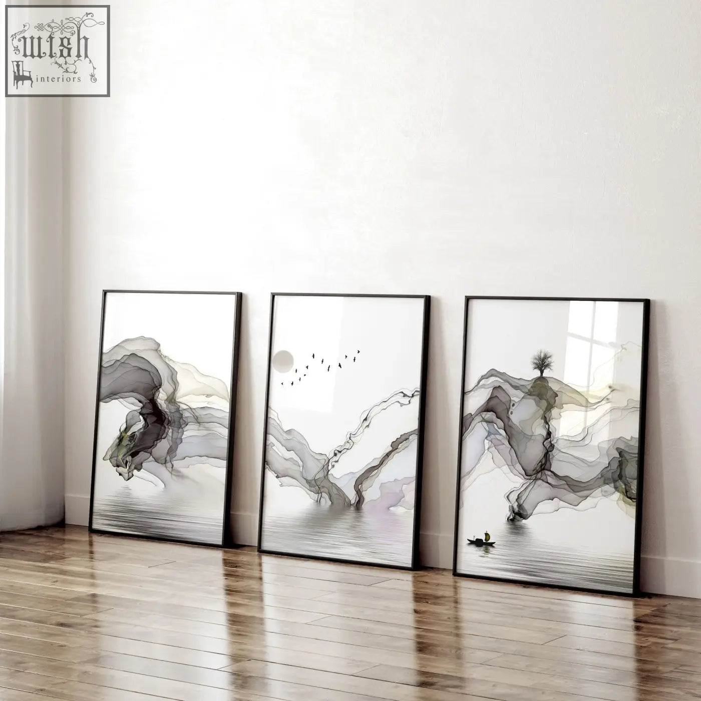 Three framed pictures with black frames and gray ink wash mountain brushstrokes wall art prints for living room