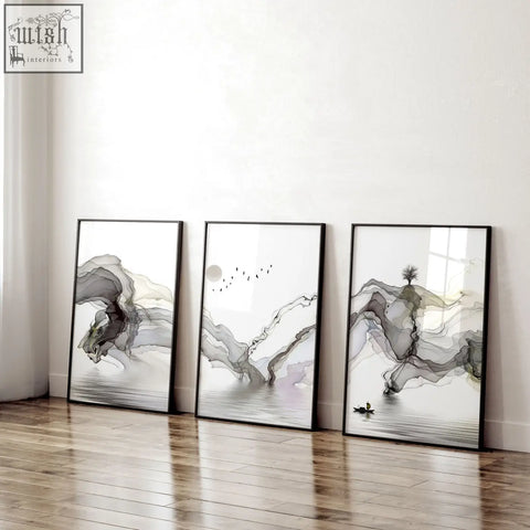 Three framed pictures with black frames and gray ink wash mountain brushstrokes wall art prints for living room
