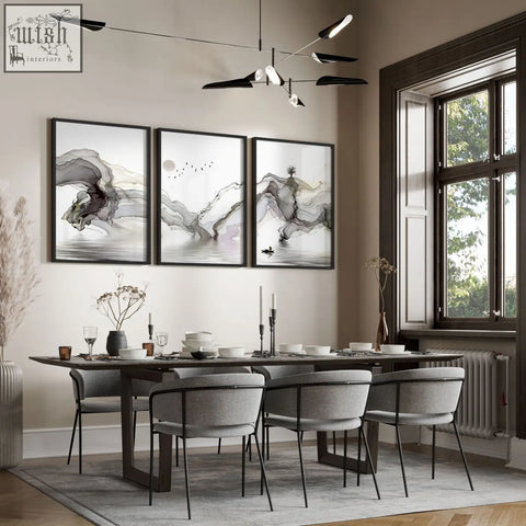 Three framed pictures with gray and white abstract ink wash mountains perfect as living room wall art prints