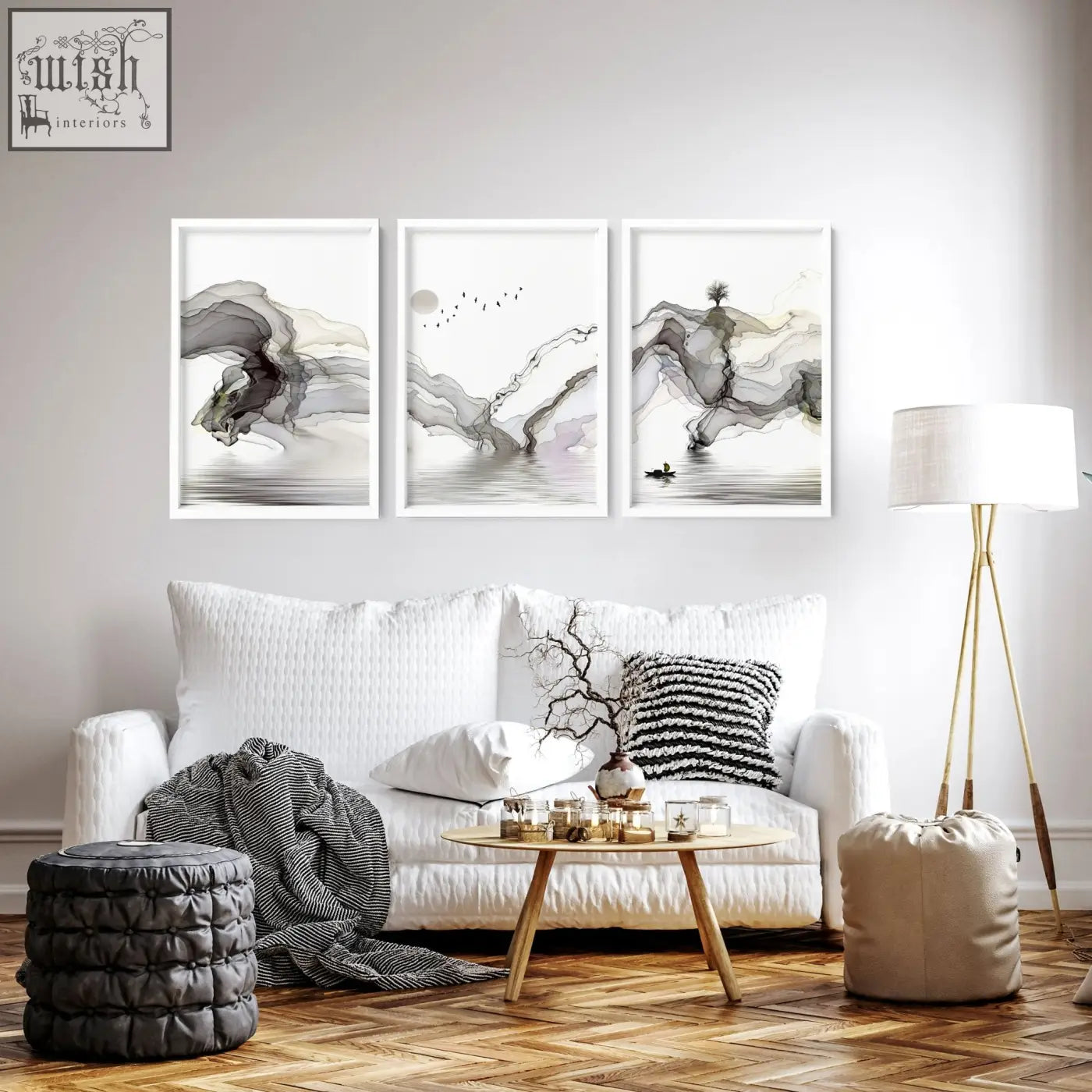 Three framed pictures with abstract gray and black ink wash brushstrokes wall art prints for living room decor