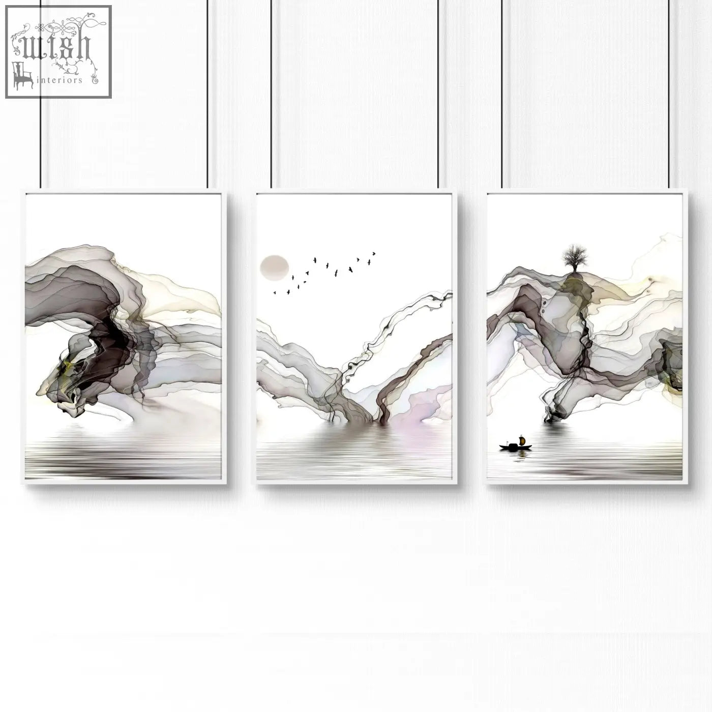 Three-panel abstract ink wash framed pictures with gray black and pink hues perfect wall art prints for living room