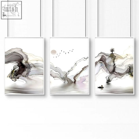Three-panel abstract ink wash framed pictures with gray black and pink hues perfect wall art prints for living room