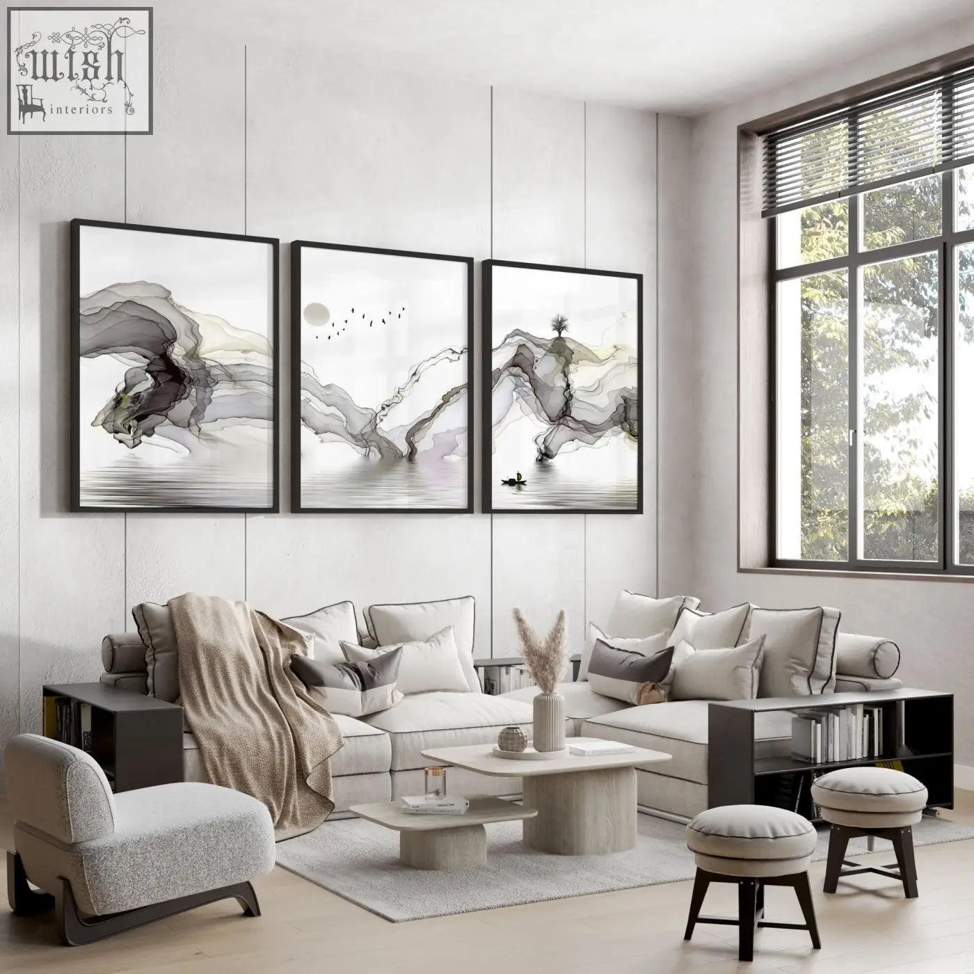 Three framed pictures with abstract gray and black ink wash wall art prints perfect for living room decor