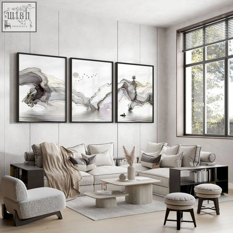 Three framed pictures with abstract gray and black ink wash wall art prints perfect for living room decor