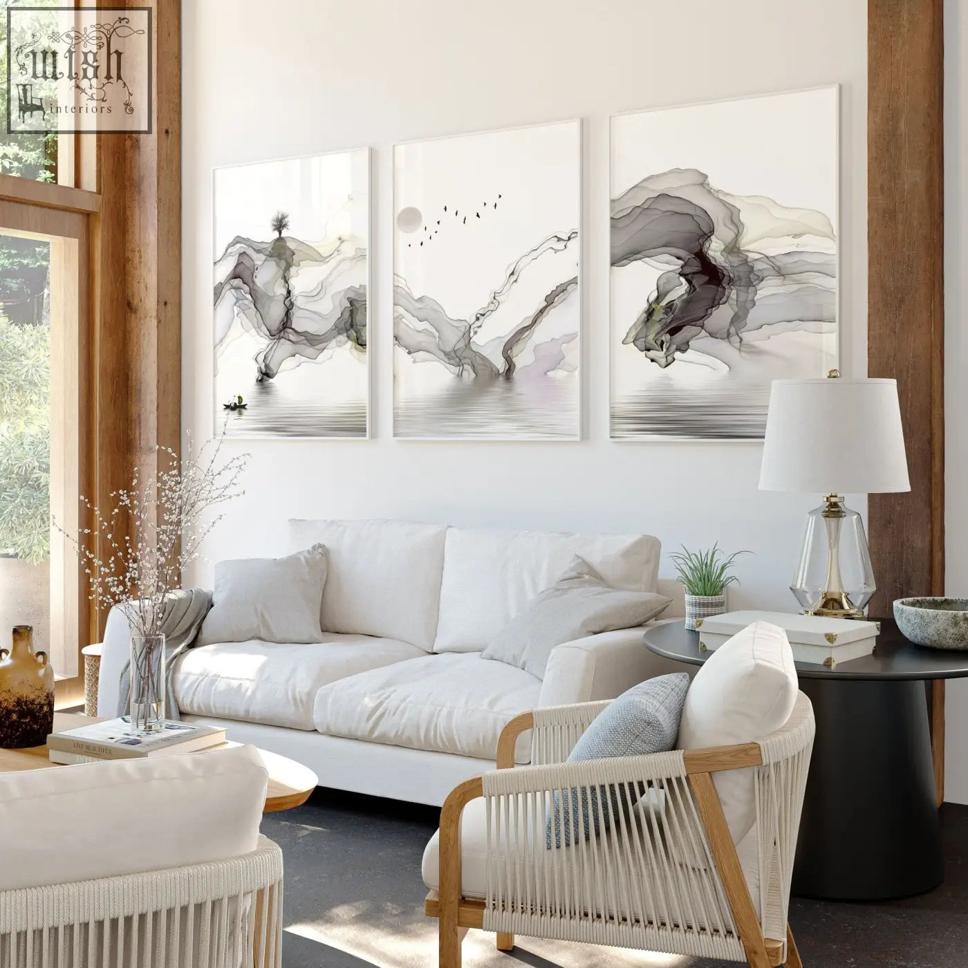 Three framed pictures for living room featuring grayscale abstract ink wash wall art prints in a cohesive triptych set