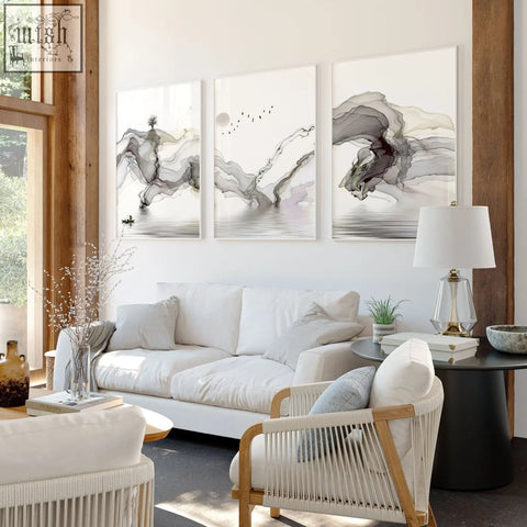 Three framed pictures for living room featuring grayscale abstract ink wash wall art prints in a cohesive triptych set