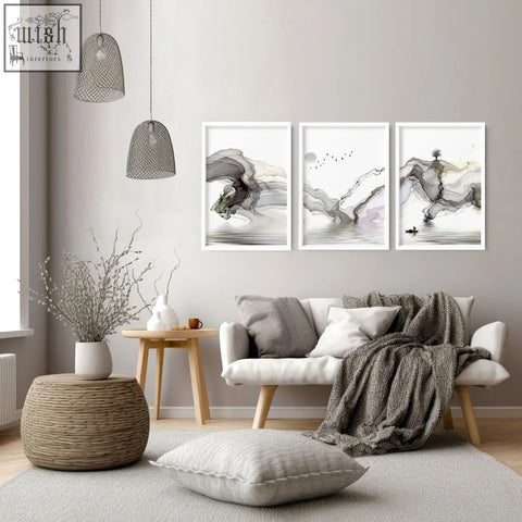 White framed abstract ink wash wall art prints set of 3 perfect for living room framed pictures decor