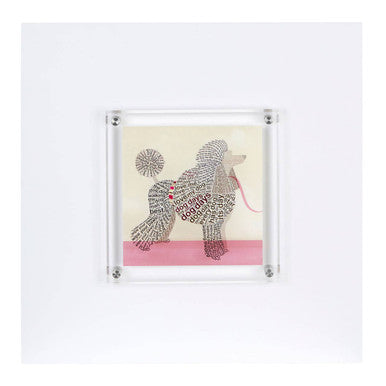 Framed poodle wall art showing a cream background with a black text poodle silhouette and a pink base
