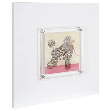 Framed poodle wall art with a black and white stylized poodle silhouette on cream background and pink base