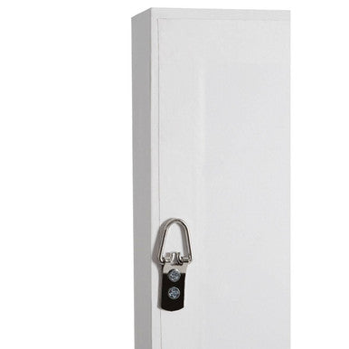 White metal locker with silver hasp and black padlock shown alongside framed scottie wall art for cool wall decor