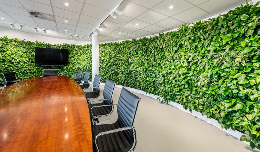 Lush green living wall with dense heart-shaped leaves in frameless living wall system using plant cassette table
